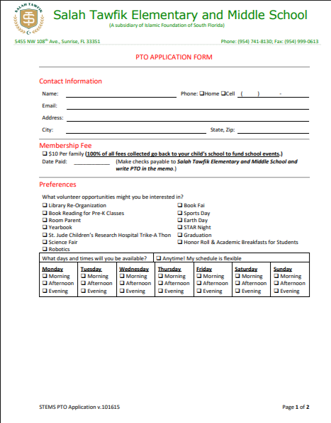 Salah Tawfik Elementry School PTO Application Form